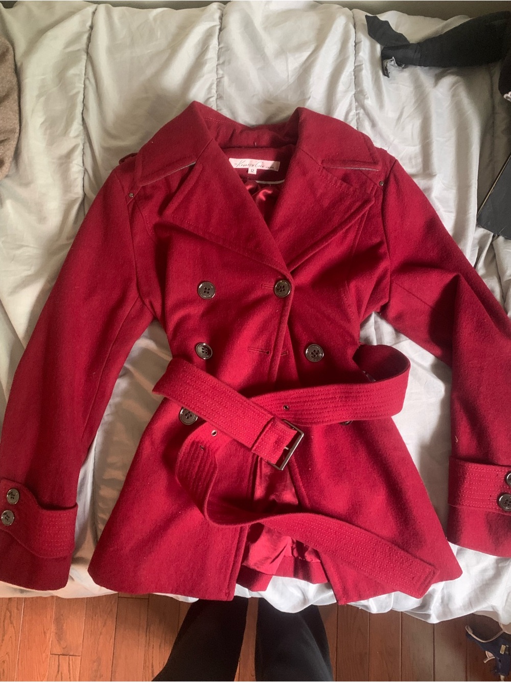 Red Double-Breasted Belted Peacoat Jacket